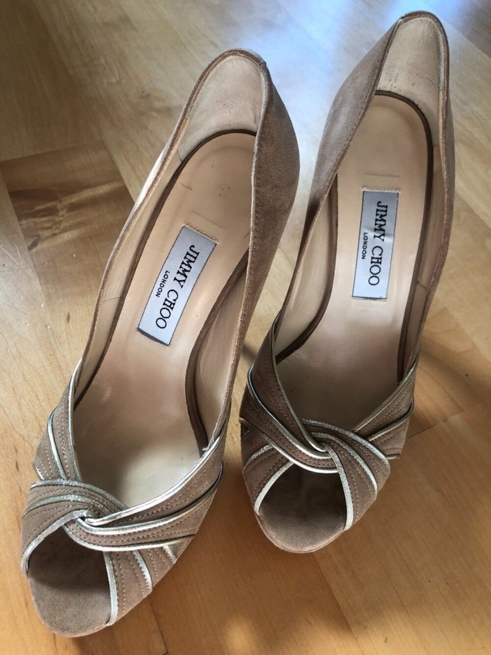 Jimmy Choo Suede Pump Heels Nude Glitter Gold